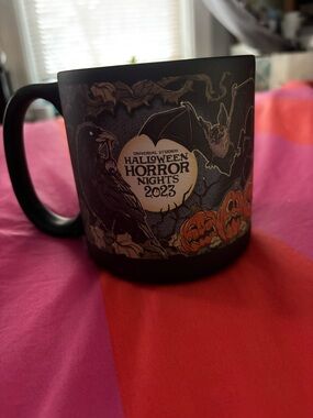 Universal Black Halloween Horror Nights 2023 Ceramic Mug with Pumpkin & Bat Art